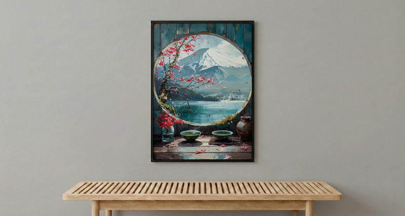 Japan Window Wall Art, Mount Fuji Art Print, Zen Garden Poster, Round Window Painting, Matcha Tea Decor