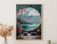 Japan Window Wall Art, Mount Fuji Art Print, Zen Garden Poster, Round Window Painting, Matcha Tea Decor