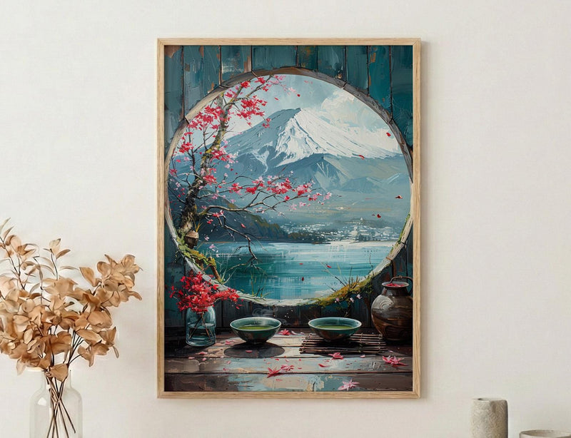 Japan Window Wall Art, Mount Fuji Art Print, Zen Garden Poster, Round Window Painting, Matcha Tea Decor