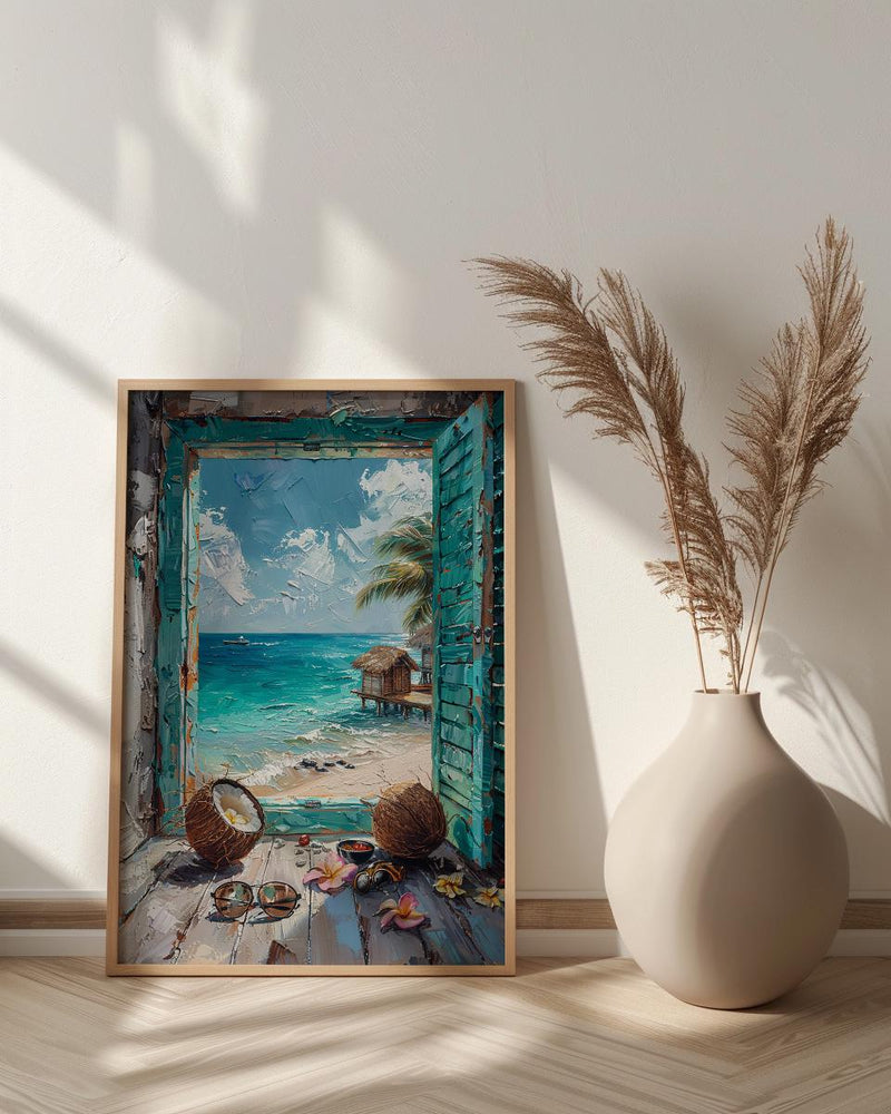 Maldives Art Print, Tropical Ocean Poster, Overwater Villa Wall Art, Open Window Painting, Summer Beach Decor