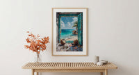 Maldives Art Print, Tropical Ocean Poster, Overwater Villa Wall Art, Open Window Painting, Summer Beach Decor