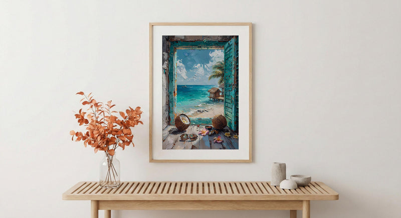 Maldives Art Print, Tropical Ocean Poster, Overwater Villa Wall Art, Open Window Painting, Summer Beach Decor