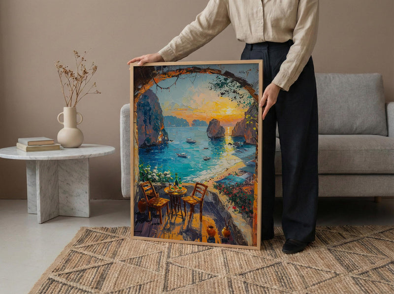 Thailand Beach Wall Art, Limestone Cliff Art Print, Open Window Poster, Tropical Sunset Painting, Asian Food Decor