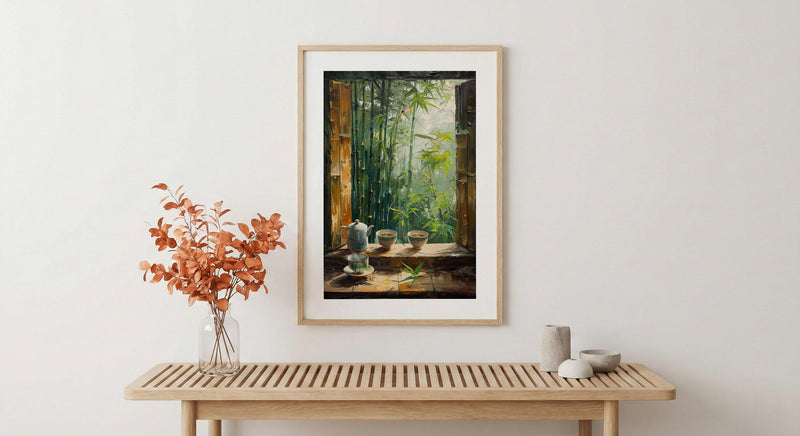Bamboo Forest Art Print, Zen Nature Poster, Asian Window Wall Art, Green Landscape Painting, Tea Cup Decor