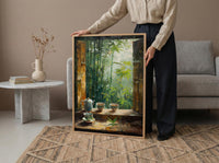 Bamboo Forest Art Print, Zen Nature Poster, Asian Window Wall Art, Green Landscape Painting, Tea Cup Decor