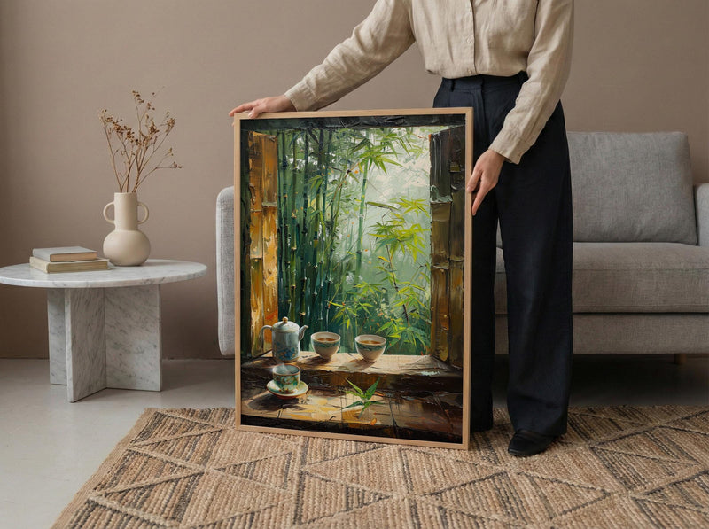 Bamboo Forest Art Print, Zen Nature Poster, Asian Window Wall Art, Green Landscape Painting, Tea Cup Decor