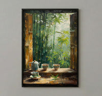 Bamboo Forest Art Print, Zen Nature Poster, Asian Window Wall Art, Green Landscape Painting, Tea Cup Decor