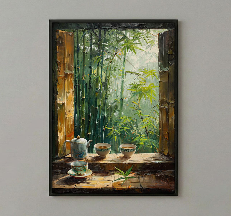 Bamboo Forest Art Print, Zen Nature Poster, Asian Window Wall Art, Green Landscape Painting, Tea Cup Decor