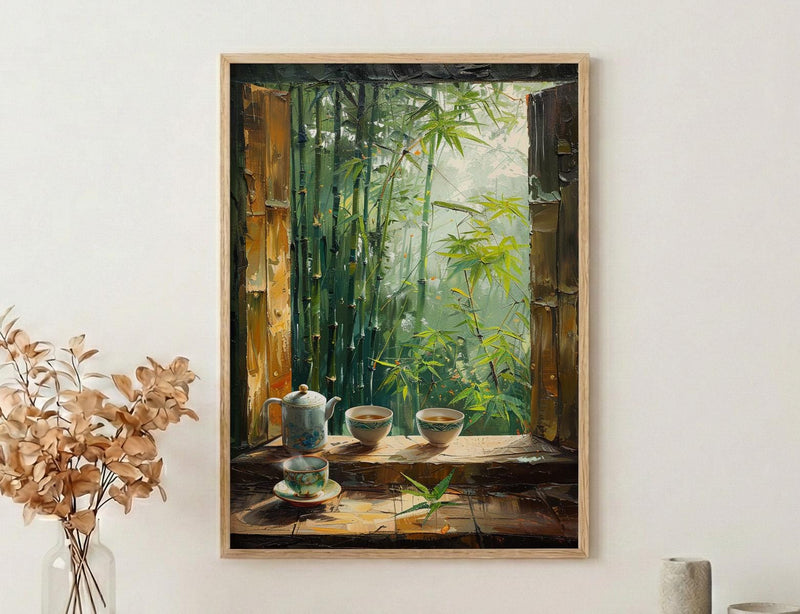 Bamboo Forest Art Print, Zen Nature Poster, Asian Window Wall Art, Green Landscape Painting, Tea Cup Decor