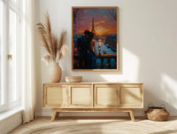 Paris Wall Art, Eiffel Tower Art Print, Romantic Couple Poster, Pink Sunset Cityscape Painting, French Travel Decor