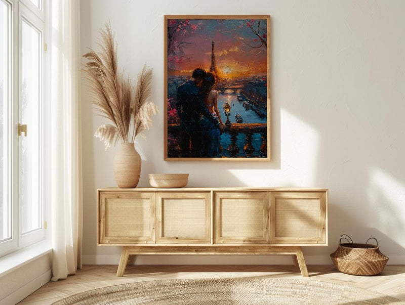 Paris Wall Art, Eiffel Tower Art Print, Romantic Couple Poster, Pink Sunset Cityscape Painting, French Travel Decor