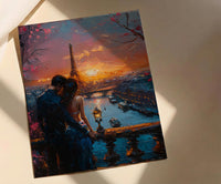 Paris Wall Art, Eiffel Tower Art Print, Romantic Couple Poster, Pink Sunset Cityscape Painting, French Travel Decor