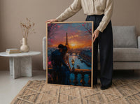 Paris Wall Art, Eiffel Tower Art Print, Romantic Couple Poster, Pink Sunset Cityscape Painting, French Travel Decor