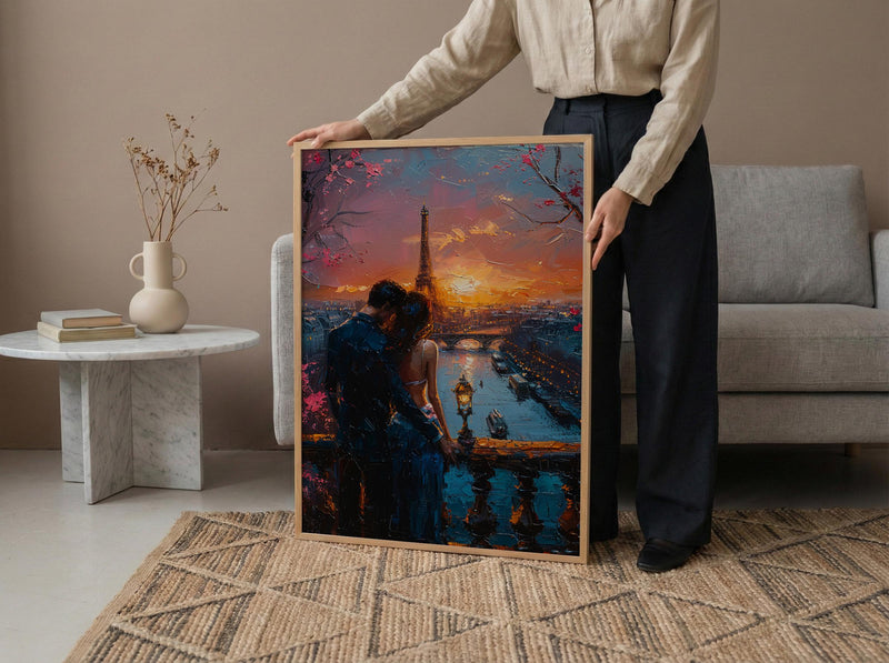 Paris Wall Art, Eiffel Tower Art Print, Romantic Couple Poster, Pink Sunset Cityscape Painting, French Travel Decor