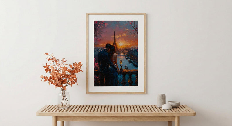 Paris Wall Art, Eiffel Tower Art Print, Romantic Couple Poster, Pink Sunset Cityscape Painting, French Travel Decor