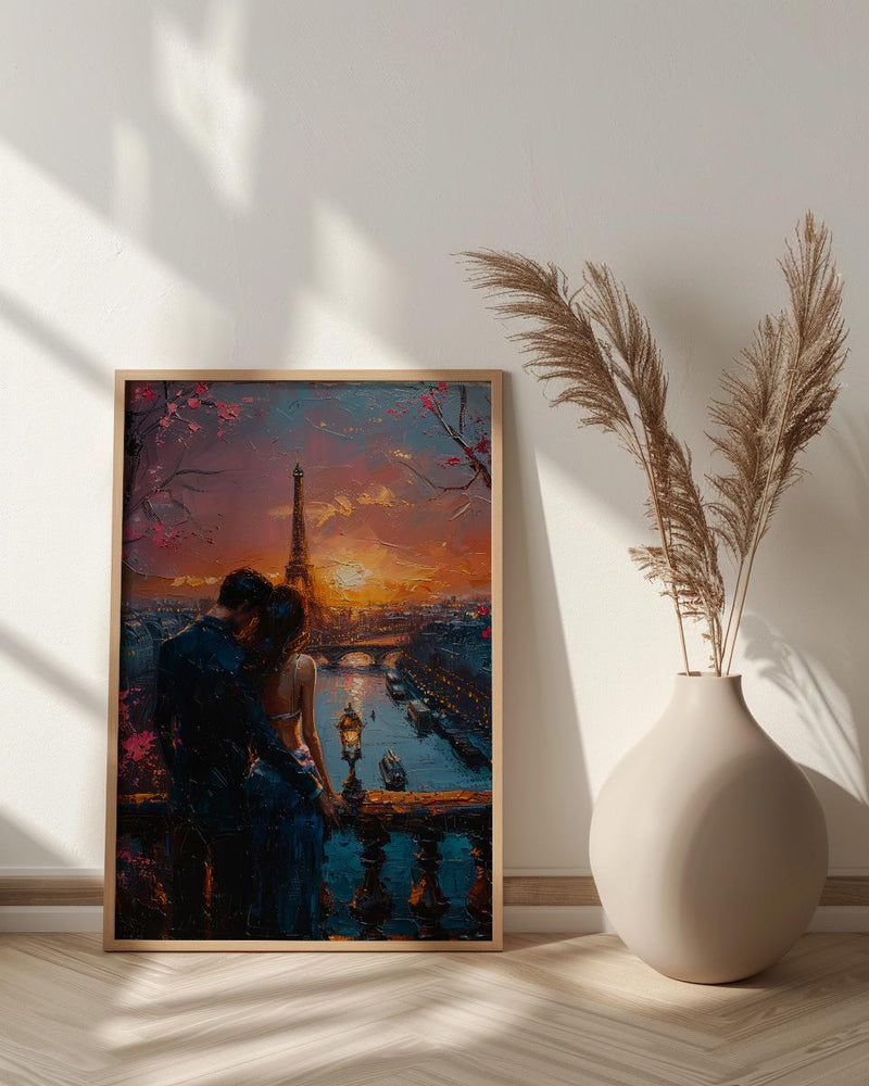 Paris Wall Art, Eiffel Tower Art Print, Romantic Couple Poster, Pink Sunset Cityscape Painting, French Travel Decor