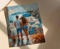 Santorini Poster, Greece Blue Dome Art Print, Honeymoon Wall Art, Romantic Sunset Painting, Mediterranean Decor