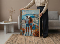 Santorini Poster, Greece Blue Dome Art Print, Honeymoon Wall Art, Romantic Sunset Painting, Mediterranean Decor