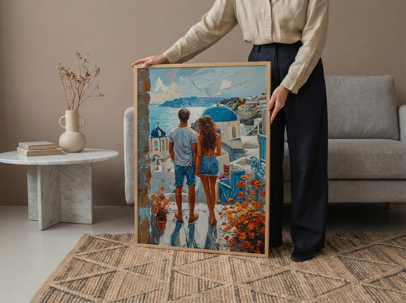 Santorini Poster, Greece Blue Dome Art Print, Honeymoon Wall Art, Romantic Sunset Painting, Mediterranean Decor