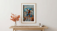 Santorini Poster, Greece Blue Dome Art Print, Honeymoon Wall Art, Romantic Sunset Painting, Mediterranean Decor