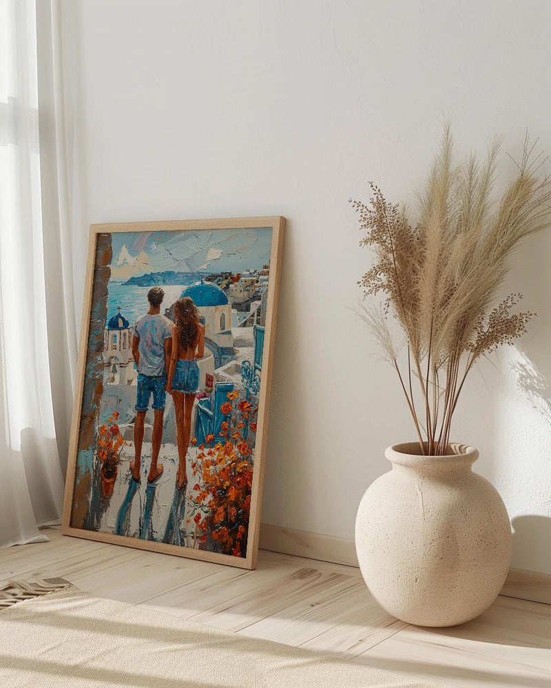 Santorini Poster, Greece Blue Dome Art Print, Honeymoon Wall Art, Romantic Sunset Painting, Mediterranean Decor