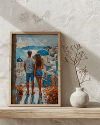 Santorini Poster, Greece Blue Dome Art Print, Honeymoon Wall Art, Romantic Sunset Painting, Mediterranean Decor