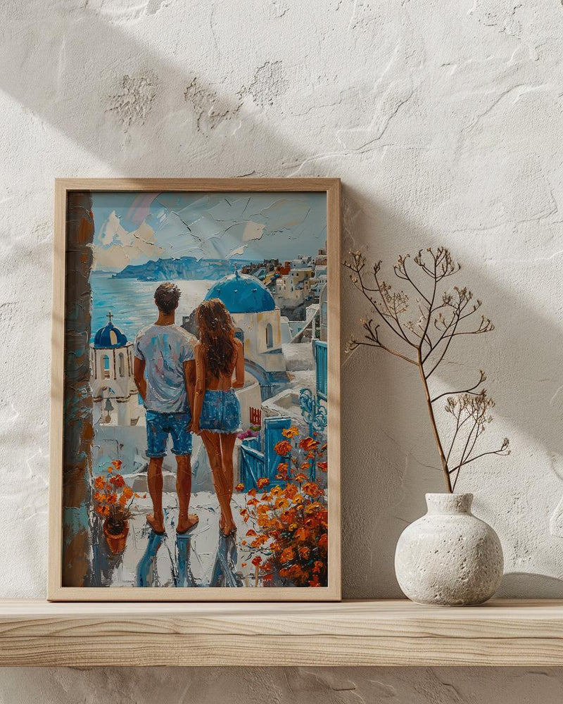 Santorini Poster, Greece Blue Dome Art Print, Honeymoon Wall Art, Romantic Sunset Painting, Mediterranean Decor