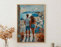 Santorini Poster, Greece Blue Dome Art Print, Honeymoon Wall Art, Romantic Sunset Painting, Mediterranean Decor