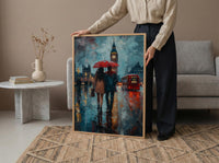 London Art Print, Big Ben Wall Art, Red Bus Poster, Rainy Cityscape Painting, UK Travel Decor