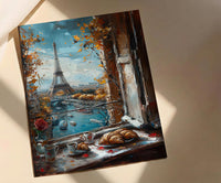 Paris Window Poster, Eiffel Tower Art Print, French Breakfast Wall Art, Croissant Coffee Decor, Romantic Cityscape