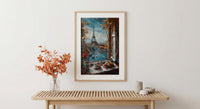 Paris Window Poster, Eiffel Tower Art Print, French Breakfast Wall Art, Croissant Coffee Decor, Romantic Cityscape