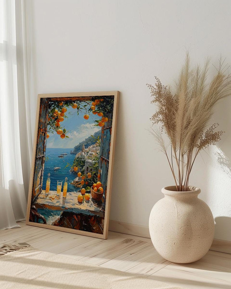 Amalfi Coast Poster, Italy Window Art Print, Limoncello Ocean Wall Art, Lemon Tree Painting, Sunny Coastal Decor