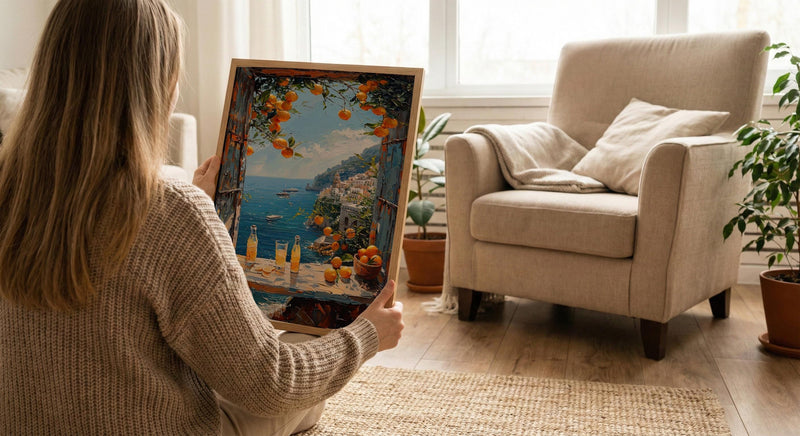 Amalfi Coast Poster, Italy Window Art Print, Limoncello Ocean Wall Art, Lemon Tree Painting, Sunny Coastal Decor