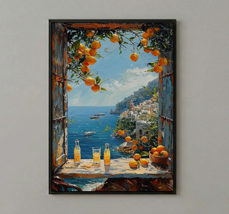 Amalfi Coast Poster, Italy Window Art Print, Limoncello Ocean Wall Art, Lemon Tree Painting, Sunny Coastal Decor