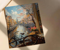Amsterdam Wall Art, Netherlands Canal Art Print, Tulip Window Poster, Bicycle Cityscape Painting, Cozy Spring Decor