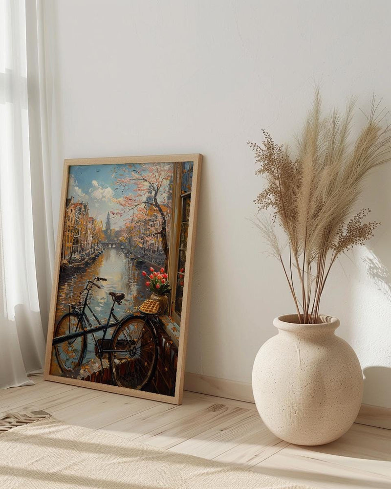 Amsterdam Wall Art, Netherlands Canal Art Print, Tulip Window Poster, Bicycle Cityscape Painting, Cozy Spring Decor