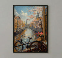 Amsterdam Wall Art, Netherlands Canal Art Print, Tulip Window Poster, Bicycle Cityscape Painting, Cozy Spring Decor