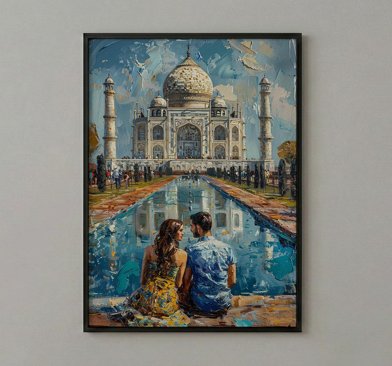India Wall Art, Taj Mahal Art Print, Romantic Couple Poster, Agra Architecture Painting, Asian Travel Decor