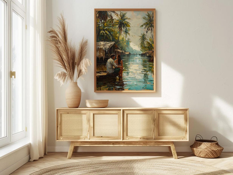 Kerala Art Print, India Backwaters Poster, Houseboat Wall Art, Tropical Palm Painting, South Indian Decor