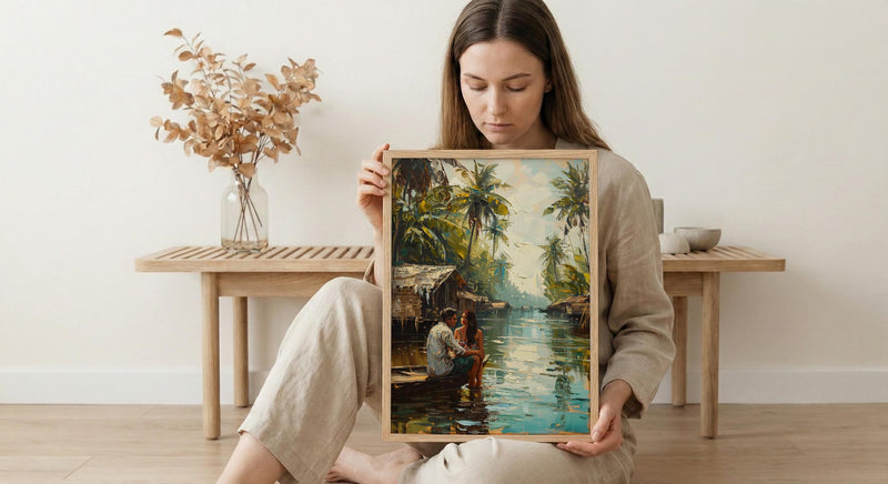 Kerala Art Print, India Backwaters Poster, Houseboat Wall Art, Tropical Palm Painting, South Indian Decor