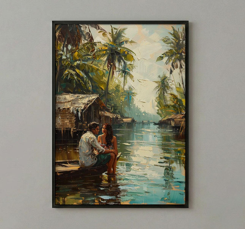 Kerala Art Print, India Backwaters Poster, Houseboat Wall Art, Tropical Palm Painting, South Indian Decor