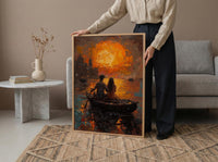 Varanasi Wall Art, Ganges River Art Print, Spiritual Sunset Poster, Boat Candle Painting, Hindu Culture Decor
