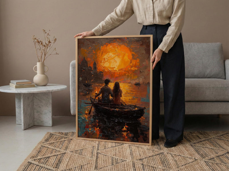 Varanasi Wall Art, Ganges River Art Print, Spiritual Sunset Poster, Boat Candle Painting, Hindu Culture Decor