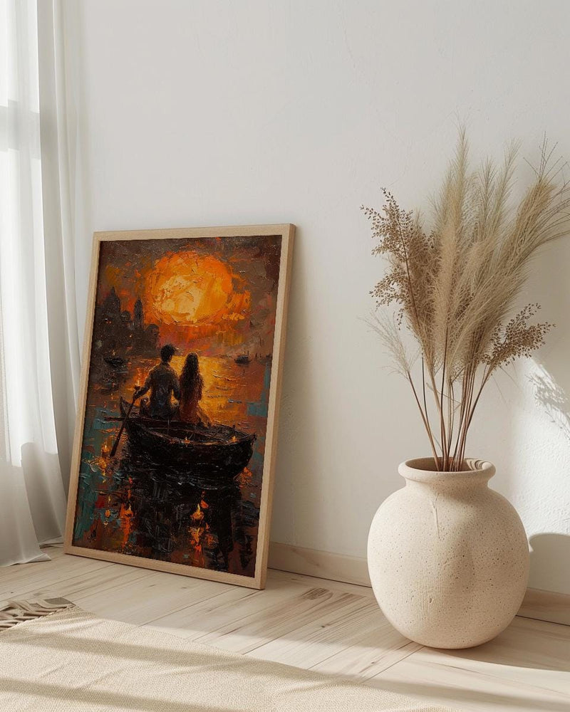 Varanasi Wall Art, Ganges River Art Print, Spiritual Sunset Poster, Boat Candle Painting, Hindu Culture Decor