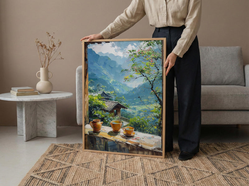 Darjeeling Art Print, Tea Garden Poster, Misty Mountain Wall Art, Masala Chai Painting, India Window Decor
