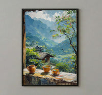 Darjeeling Art Print, Tea Garden Poster, Misty Mountain Wall Art, Masala Chai Painting, India Window Decor