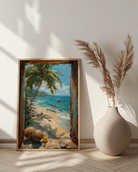Goa Beach Poster, India Tropical Art Print, Bamboo Window Wall Art, Coconut Tree Painting, Summer Decor