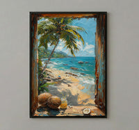 Goa Beach Poster, India Tropical Art Print, Bamboo Window Wall Art, Coconut Tree Painting, Summer Decor