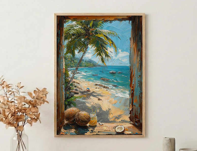 Goa Beach Poster, India Tropical Art Print, Bamboo Window Wall Art, Coconut Tree Painting, Summer Decor