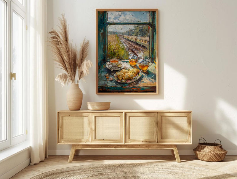 India Train Poster, Countryside Art Print, Travel Window Wall Art, Samosa Tea Painting, Cozy Asian Decor